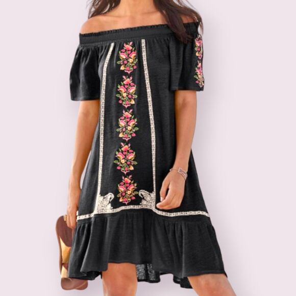 SUNDANCE Black Floral Path Dress Sz M Linen Embroidered Midi Off Shoulder Ruffle - Picture 1 of 12